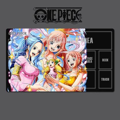 One Piece-themed playmat with colorful characters on a dark background