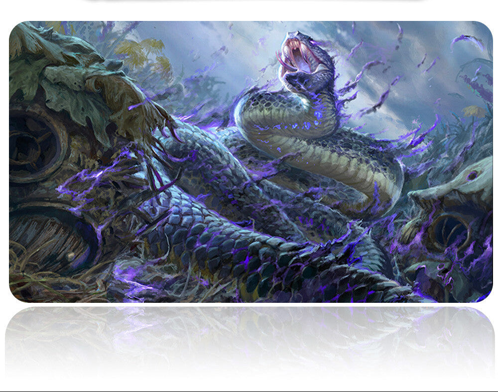 Gaming mouse pad with fantasy design of a snake and dragon, featuring a pen on top.