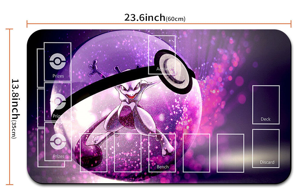 Card game mat with Pokémon design and dimensions displayed
