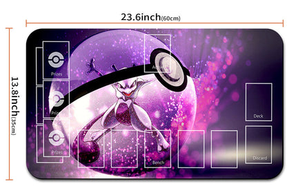 Card game mat with Pokémon design and dimensions displayed