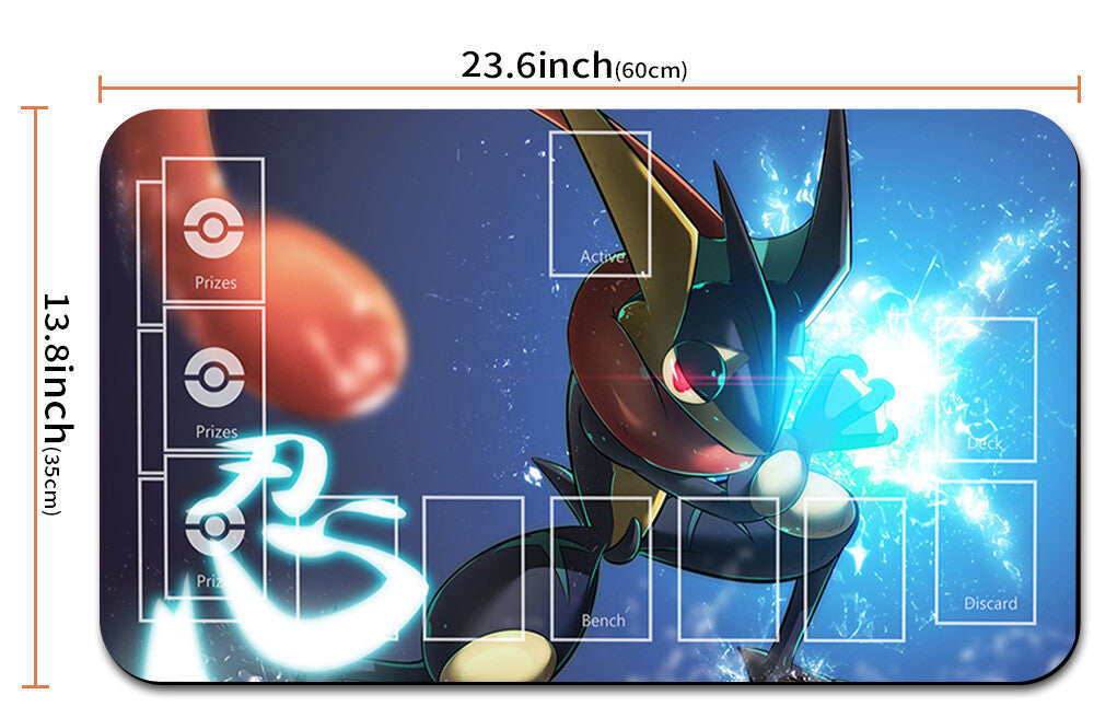 Pokémon trading card game mat with dimensions and a drawstring pouch.