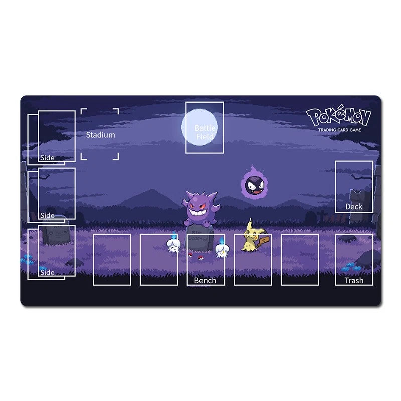 A rectangular Pokémon trading card game playmat with a dark purple and blue pixel-art landscape. The playmat includes labeled sections for Stadium, Side, Deck, Bench, Trash, and Battle Field, along with character illustrations of Gengar, a ghost-like Pokémon, and Eevee.
