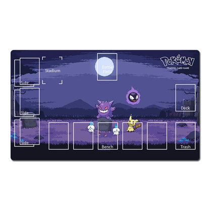 A rectangular Pokémon trading card game playmat with a dark purple and blue pixel-art landscape. The playmat includes labeled sections for Stadium, Side, Deck, Bench, Trash, and Battle Field, along with character illustrations of Gengar, a ghost-like Pokémon, and Eevee.