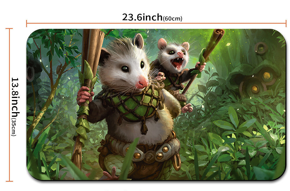 Illustration of two opossums on a branch with dimensions displayed