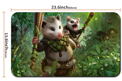 Illustration of two opossums on a branch with dimensions displayed