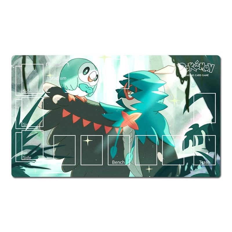 A rectangular Pokémon trading card playmat featuring a teal and black character design with white Pokémon branding in the top right. The mat includes printed play areas labeled Side, Bench, and Tash, plus decorative sparkles and dark tree-like graphics on a pale background.