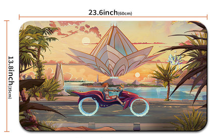 Illustrated scene with a futuristic vehicle and landscape, with dimensions displayed.
