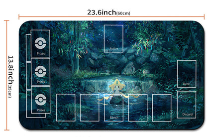 Pokémon themed playmat with dimensions and a carrying strap shown below.