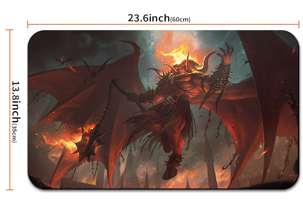 Mouse pad with dragon design and measurements, featuring a drawstring bag.
