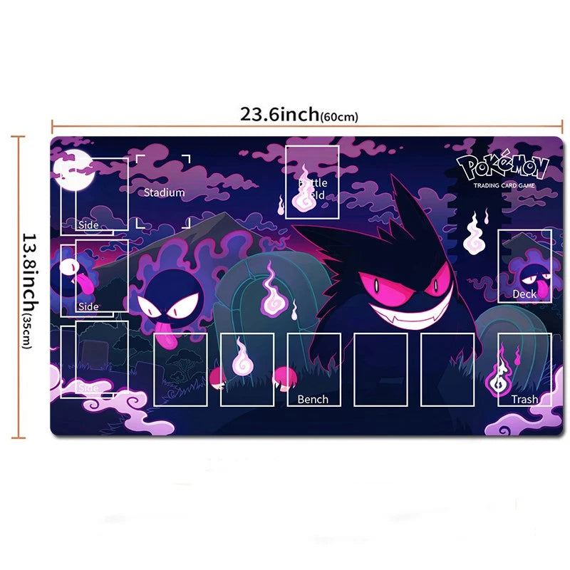 A Pokémon trading card game playmat shown flat against a white background, with dimension labels indicating 23.6 inches by 13.