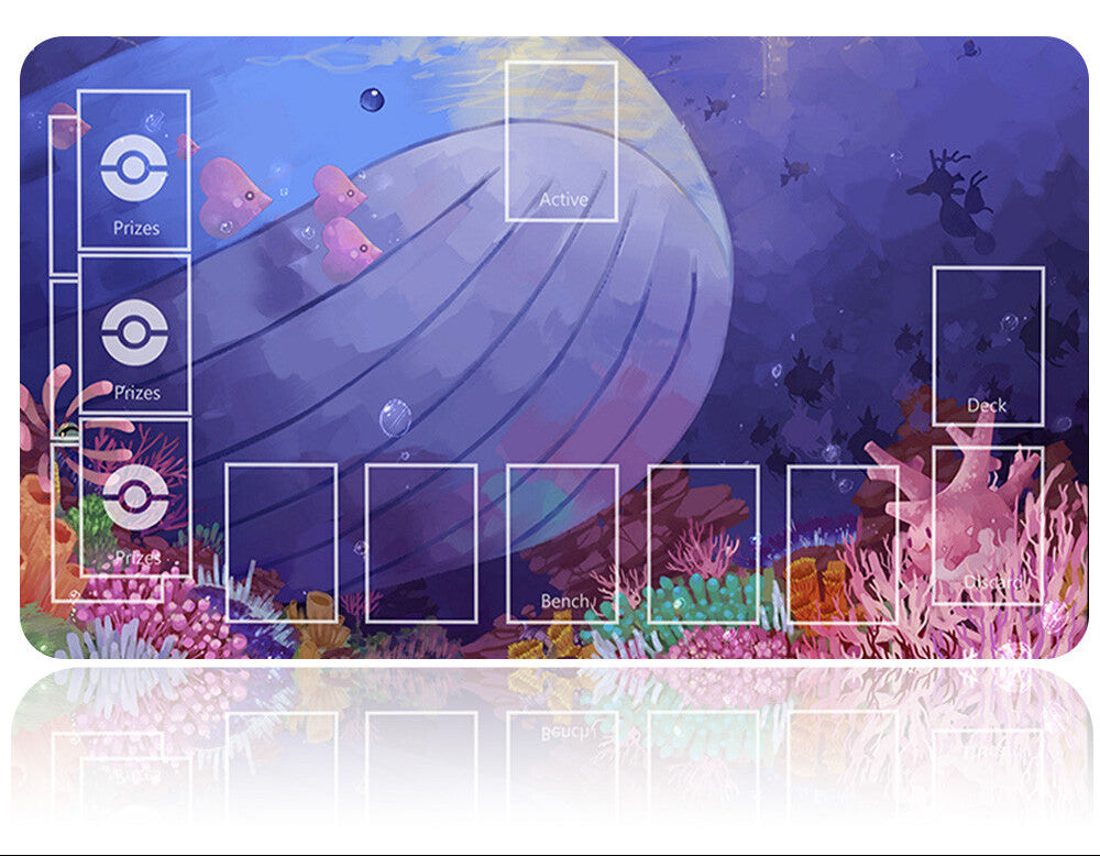 Pokémon-themed playmat with underwater design and Poké Ball, surrounded by fishing rod.