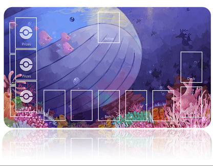Pokémon-themed playmat with underwater design and Poké Ball, surrounded by fishing rod.