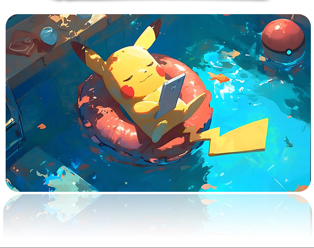 Pikachu on a pool float with a pool toy in the background