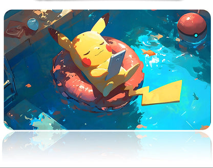 Pikachu on a pool float with a pool toy in the background