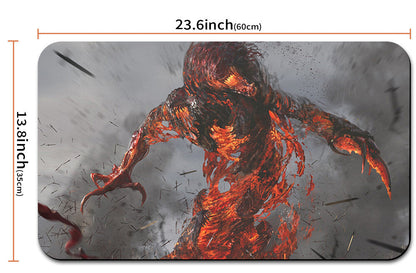 Gaming mouse pad with fiery creature design and measurements