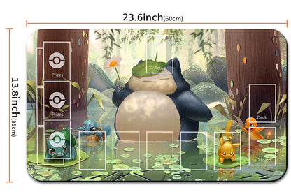 Pokémon-themed playmat with dimensions and a drawstring bag.