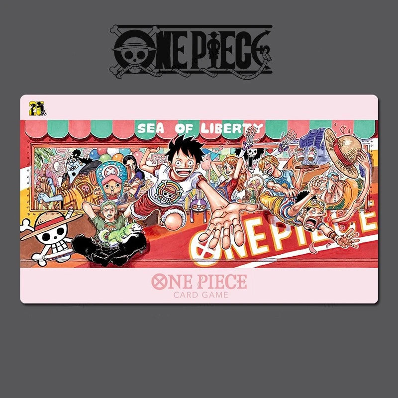 One Piece card game packaging with characters and branding on a gray background
