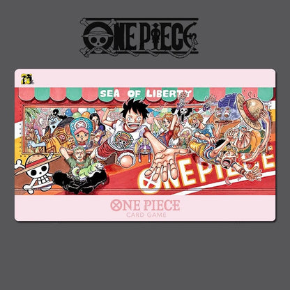 One Piece card game packaging with characters and branding on a gray background