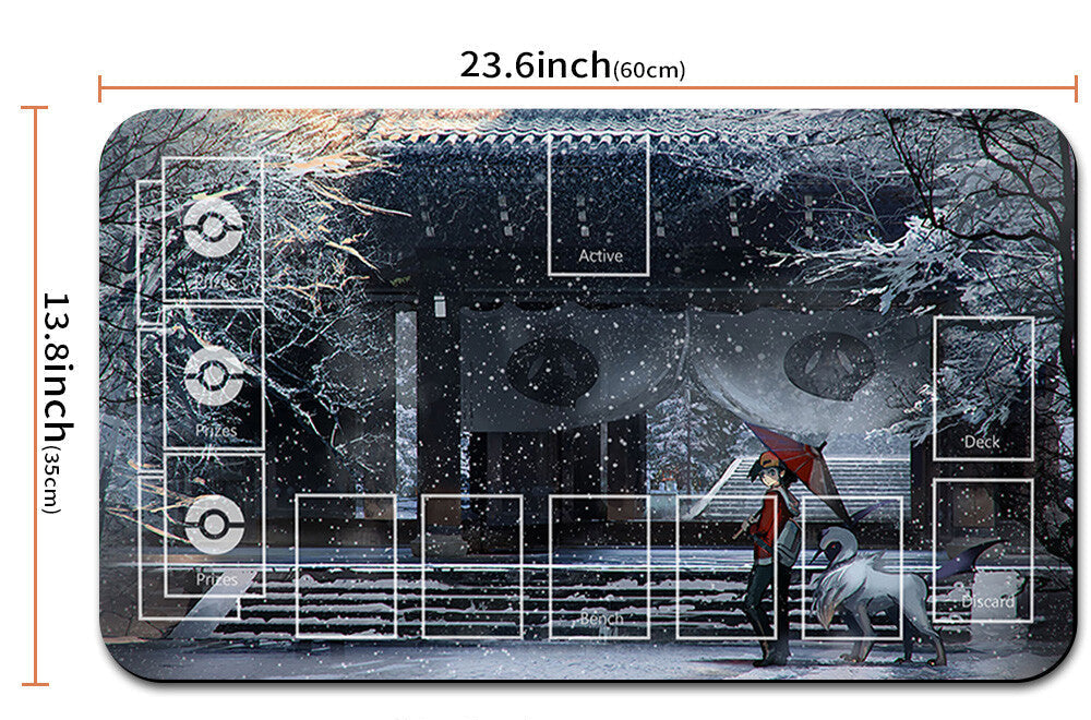 Gaming mat with dimensions and a pouch below it