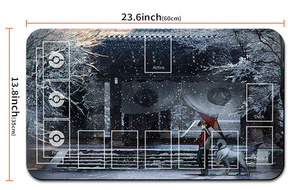 Gaming mat with dimensions and a pouch below it