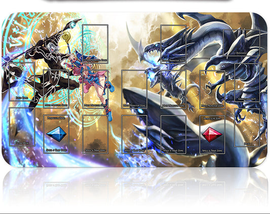 Card game mat with character and creature cards on a reflective surface