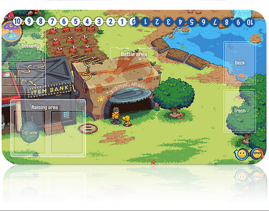 Game-like map with character and tools on a white background