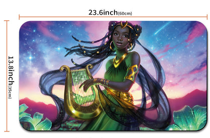 Mouse pad with an illustration of a woman playing a harp, dimensions shown, and a drawstring pouch.
