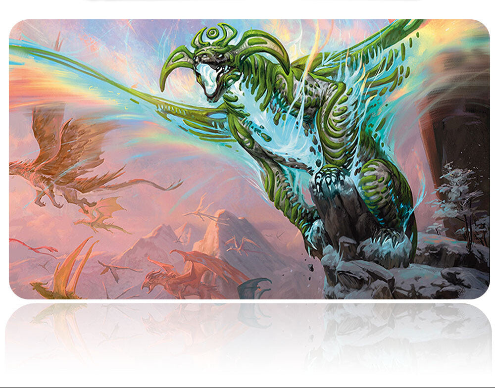 Fantasy-themed product packaging with a green dragon and rainbow effect on a white background
