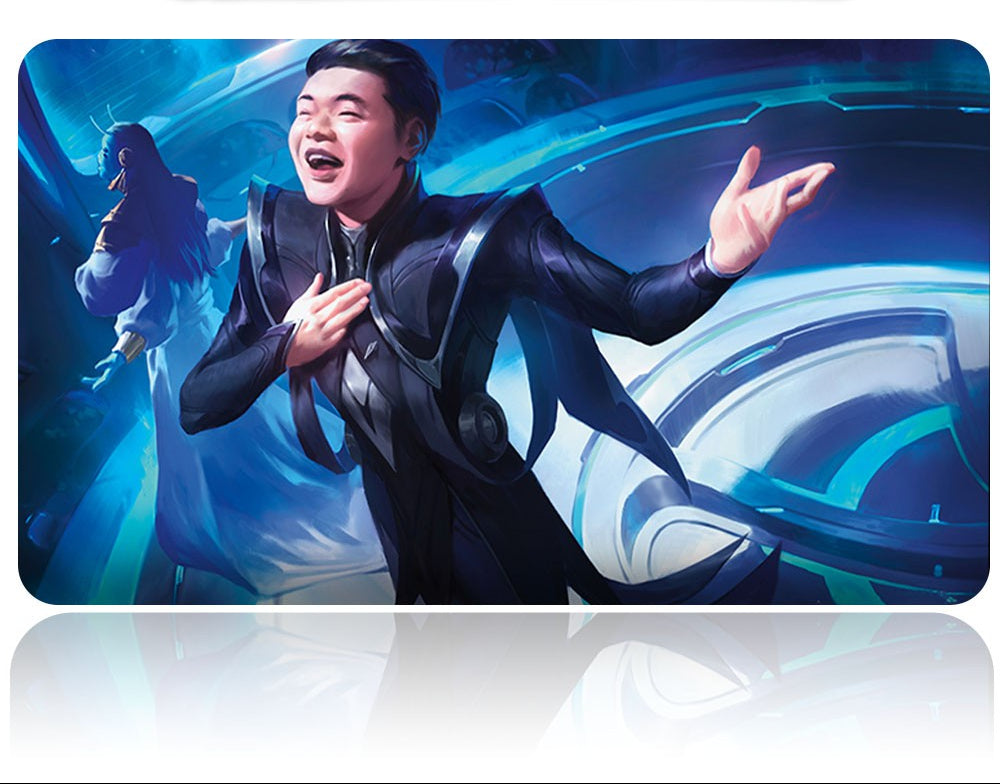 Mouse pad with a character in a futuristic suit and weapon on a blue background