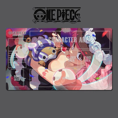 Card game mat with One Piece characters on a dark background