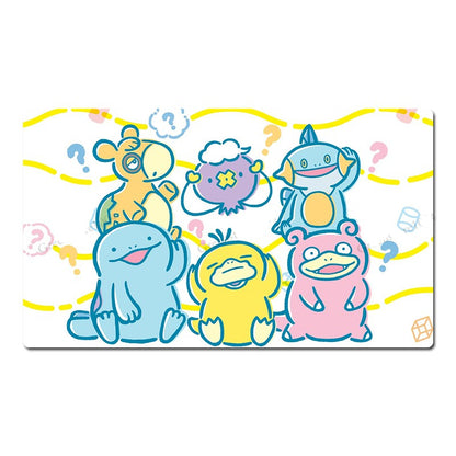 A rectangular desk mat or mousepad featuring a colorful cartoon illustration of six cute Pokémon characters, including Blueberry, Chikorita, Cyndaquil, Totodile, Chikorita, and a pink character, set against a white background with yellow wavy lines and question marks. The image has diagonal watermarks reading 'Greenstore1004'.