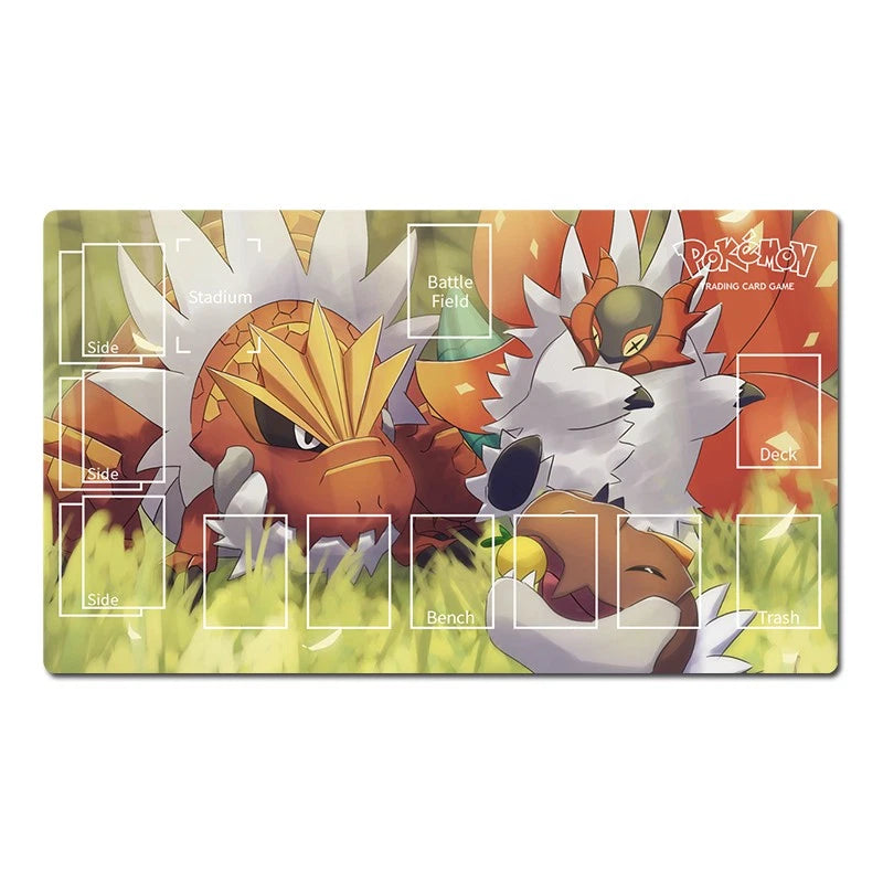 A rectangular Pokémon trading card playmat featuring an illustrated grassy scene with two Pokémon characters, a large orange/yellow creature on the left and a white fox-like Pokémon on the right. The playmat includes printed game area labels such as Stadium, Battle Field, Side, Bench, Trash, and Dock, plus the Pokémon logo in the top right.