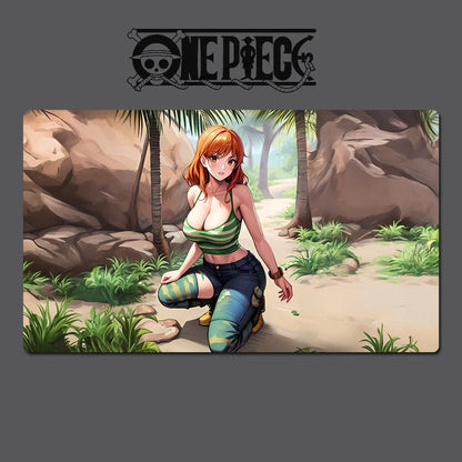 Character from 'One Piece' sitting in a jungle setting with the 'One Piece' logo above.