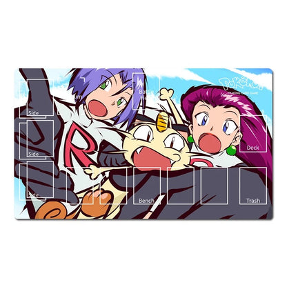 A Pokémon-themed playing card deck box cover or decorative box featuring an anime illustration of three characters and a small yellow creature, with labeled sections such as Side, Deck, Bench, and Trash on a white background.