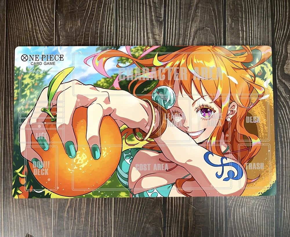 Anime character card game mat with colorful design on a wooden surface