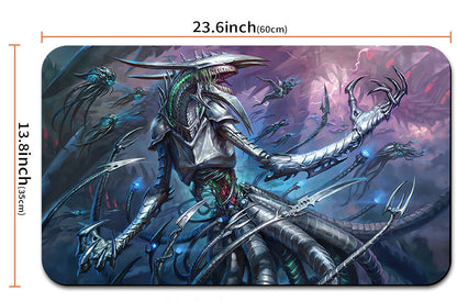 Illustrated mouse pad with a fantasy creature design, dimensions, and carrying strap shown.