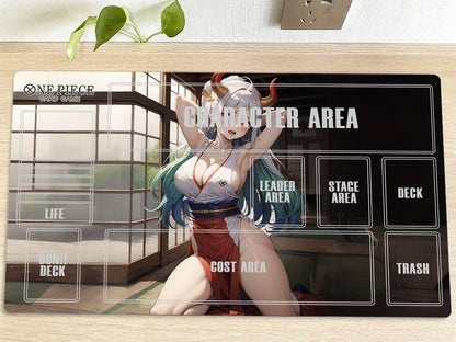 Card game mat with character area design featuring a stylized character on a wooden surface.