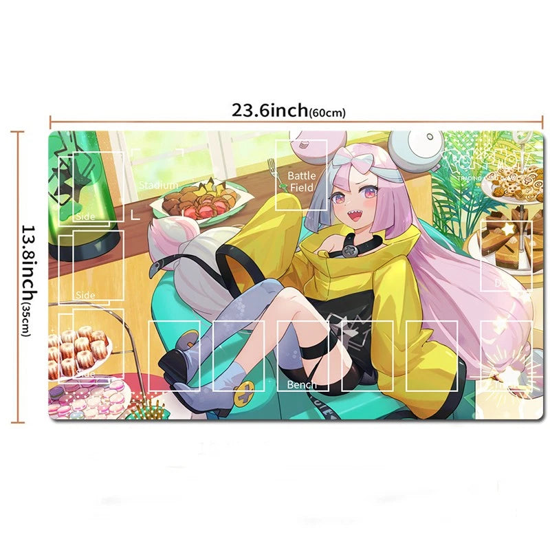 An illustrated rectangular mat or playmat featuring an anime-style character with pink hair, a yellow jacket, and a teal outfit, shown with printed dimensions labeled 23.6 inch by 13.
