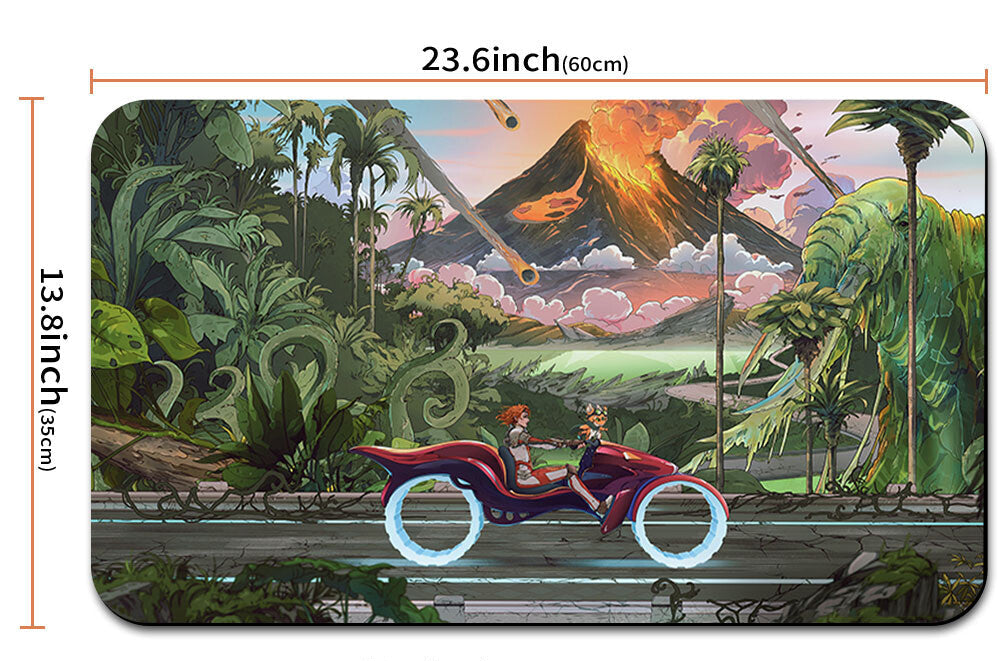 Tablet cover with a tropical scene design, dimensions, and strap shown.
