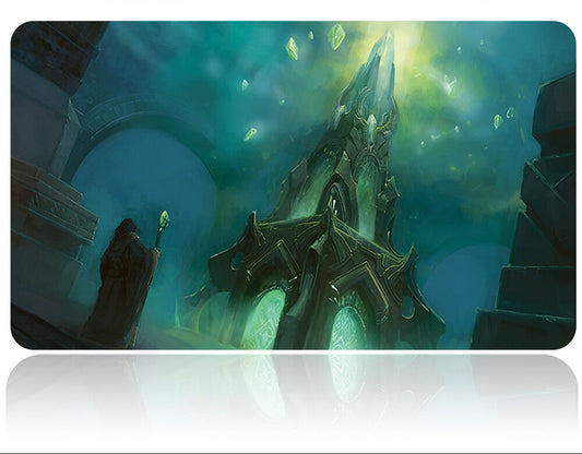 Futuristic weapon with glowing green energy on a detailed background