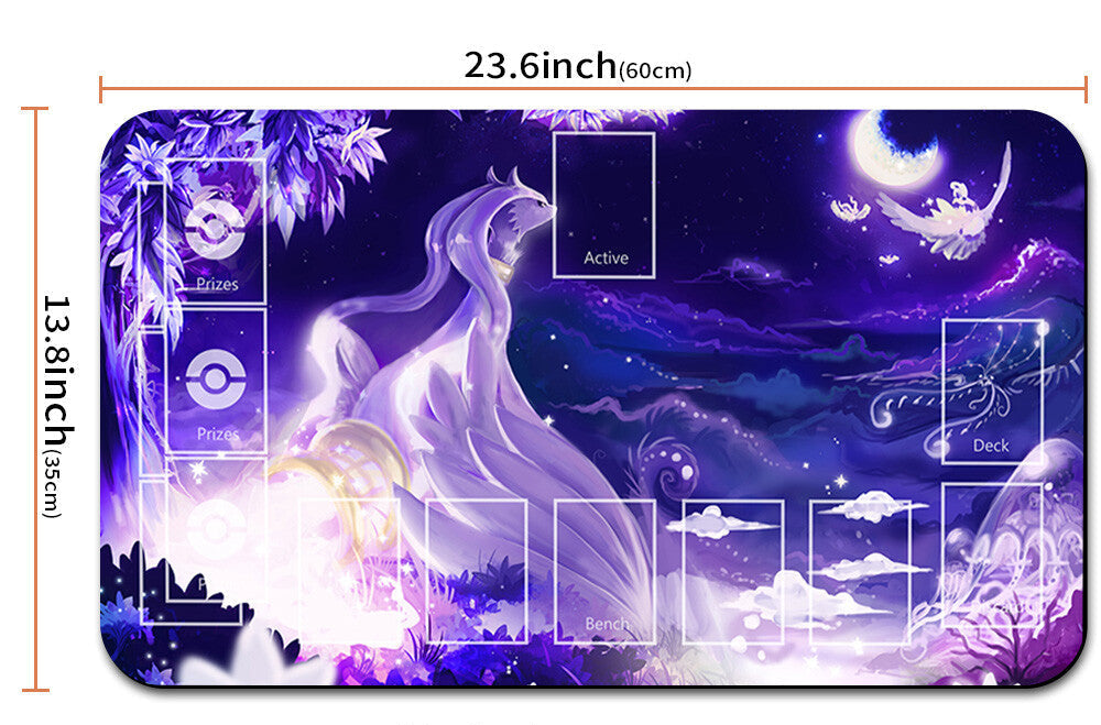 Large playmat with dragon design and measurements, featuring a drawstring bag.