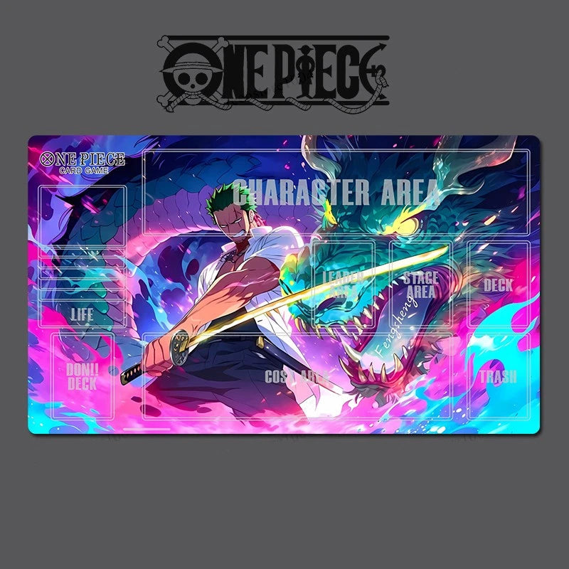 A rectangular gaming desk mat featuring a colorful One Piece anime illustration with Roronoa Zoro and a dragon, shown on a dark gray background with the One Piece logo above it.