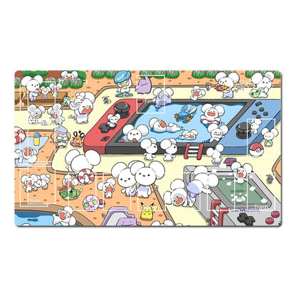 A rectangular printed puzzle or game board featuring a colorful cartoon scene with many white mouse-like characters around gaming consoles and arcade-style elements, shown on a plain white background.