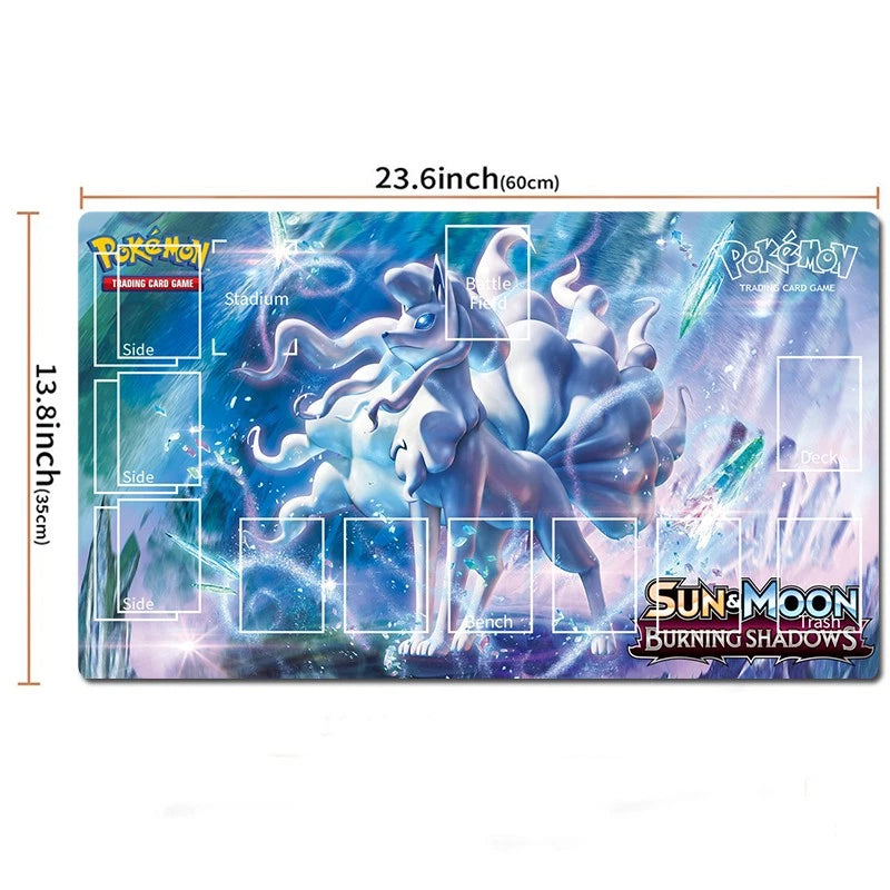 A Pokémon Sun & Moon: Burning Shadows playmat shown flat against a white background, with printed card slots and dimension labels indicating 23.6 inches by 13.