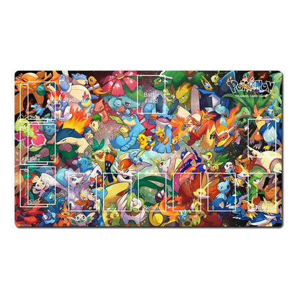 A rectangular Pokémon trading card playmat featuring a dense, colorful collage of various Pokémon characters across the entire surface, with white grid lines and card slots printed on it, shown against a plain white background.