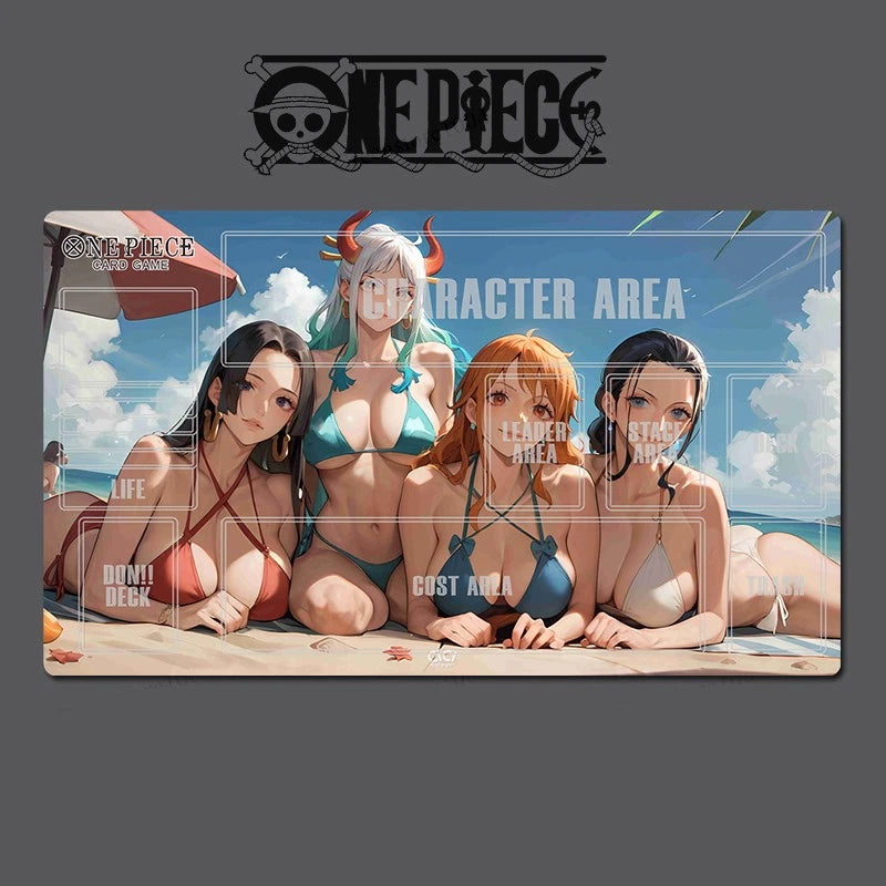 A rectangular anime desk mat featuring characters from One Piece: Nico Robin, Usoppo, Sanji, and Todoroki, displayed on a dark gray background with the One Piece logo above it.