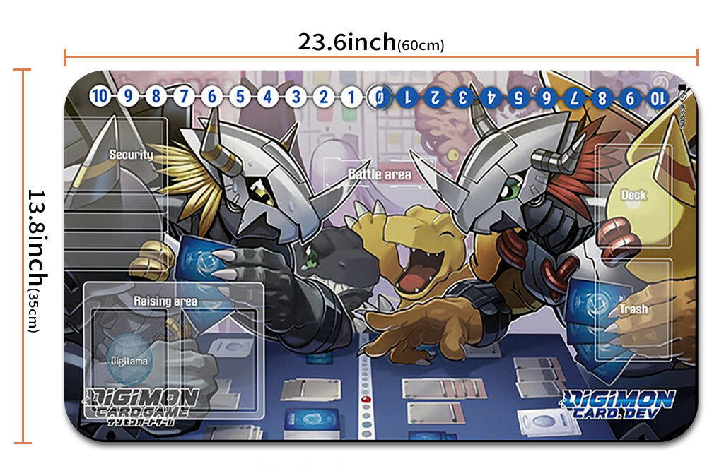 Digimon card game playmat with dimensions and a drawstring bag on a white background