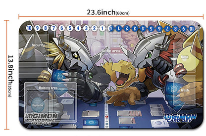 Digimon card game playmat with dimensions and a drawstring bag on a white background