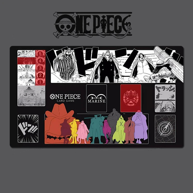 One Piece card game playmat with character illustrations and branding on a dark background