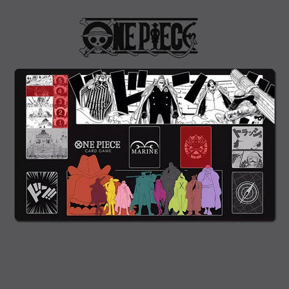 One Piece card game playmat with character illustrations and branding on a dark background